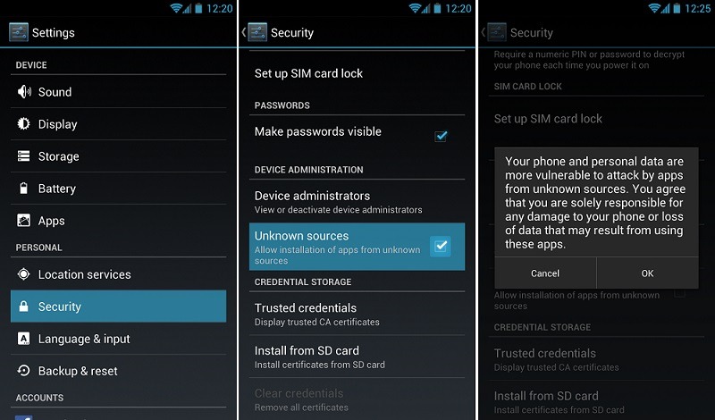 security settings to access the device